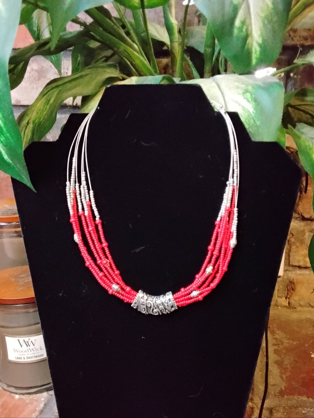 Chicos Red Multi-Strand Beaded Necklace with Silver Accents